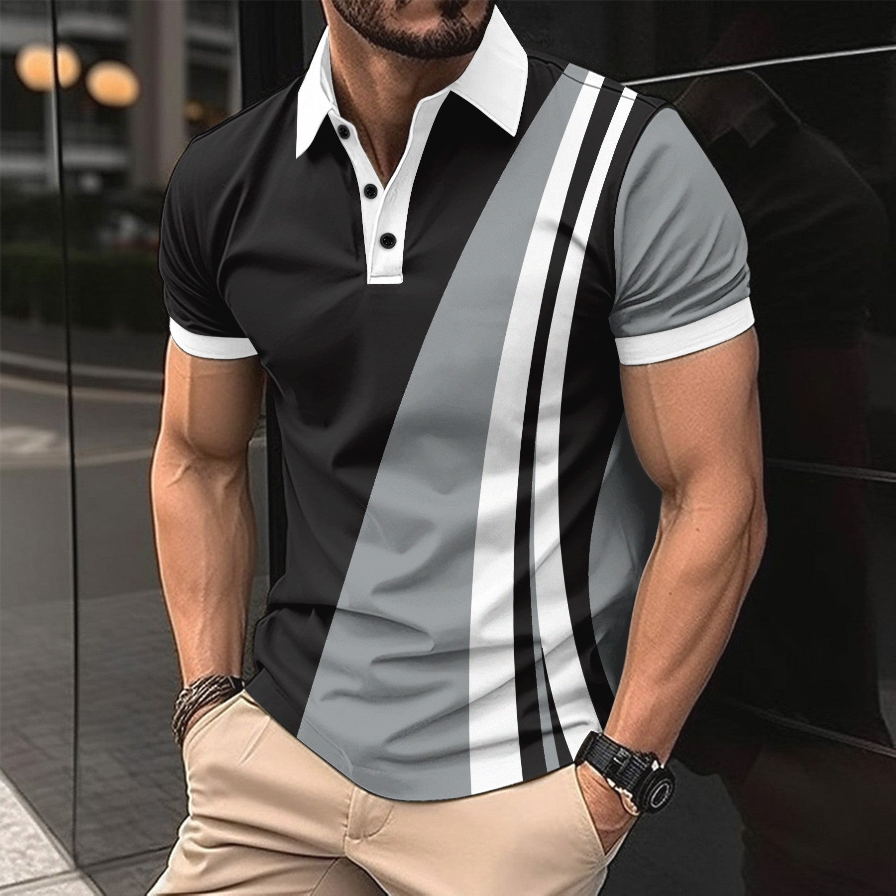 Men's Casual POLO Shirt Printed Lapel Button Down Business Colorblocking Versatile