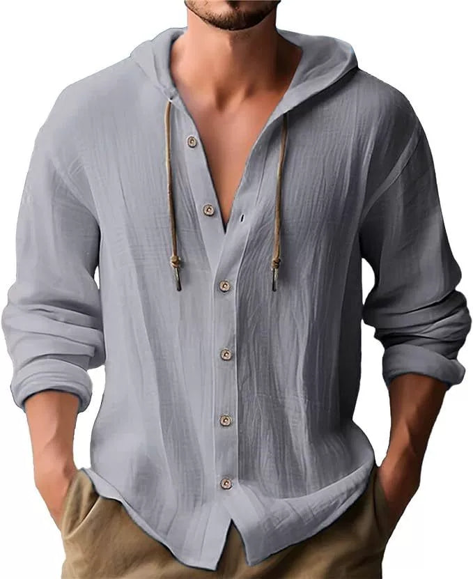 2025 new spring and summer men's hooded T-shirt shirt solid color cotton and linen men's casual long-sleeved tops